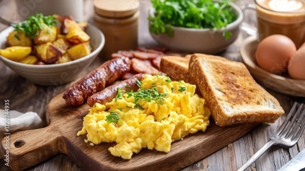 Fototapeta rustic breakfast scene with scrambled eggs sausage