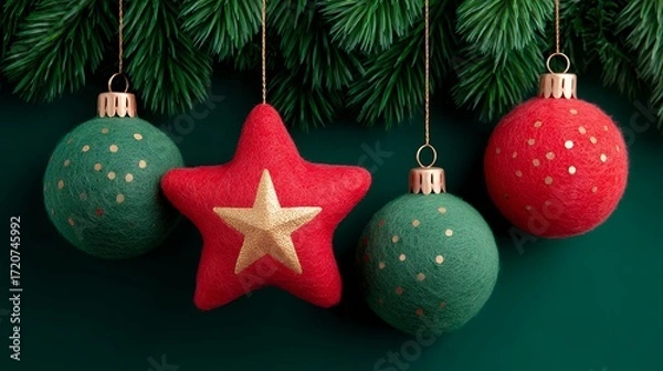 Obraz Red and Green Christmas Ornaments with Star Decoration on Green Background