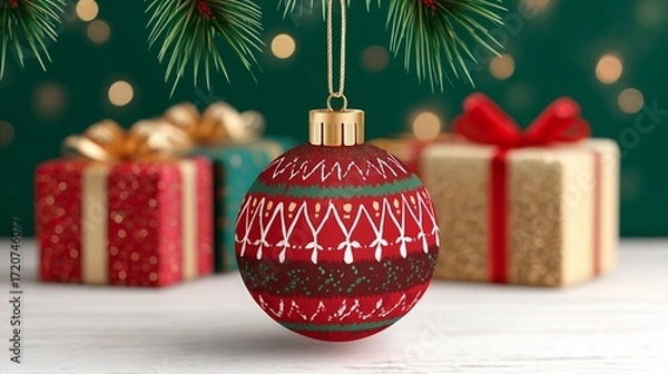 Obraz Red And Green Knitted Christmas Ornament Hanging On Tree Branch
