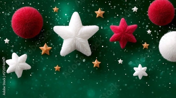 Obraz Red and White Festive Winter Stars and Balls on Green Background