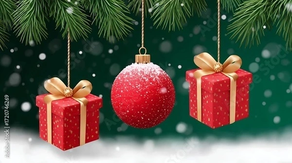 Obraz Red Christmas Ornaments and Gifts Hanging from Pine Branches