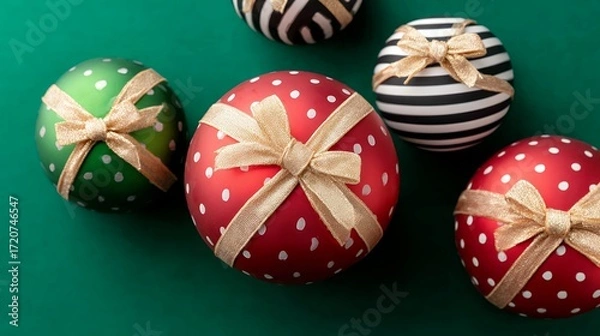 Obraz Red Green White Christmas Ornaments with Gold Bows on Green Background