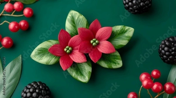 Obraz Red Poinsettia Flowers with Berries and Leaves on Green Background