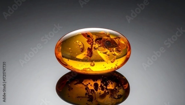 Fototapeta Polished amber stone with inclusions, reflecting on dark surface