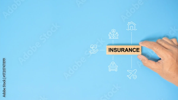 Fototapeta hand holding a wooden block with text insurance, different type of insurance icons. Insurance concept, different type of insurance background.