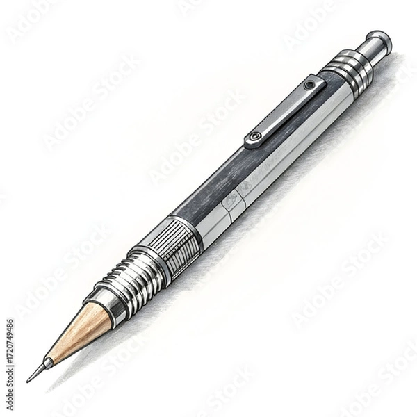 Fototapeta A sleek mechanical pencil isolated on a white background, ideal for precise writing, sketching, technical drawing