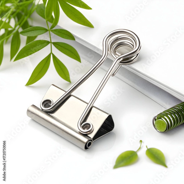 Fototapeta A metal paper fastener clip, designed to hold documents together, shown isolated on a clean white background