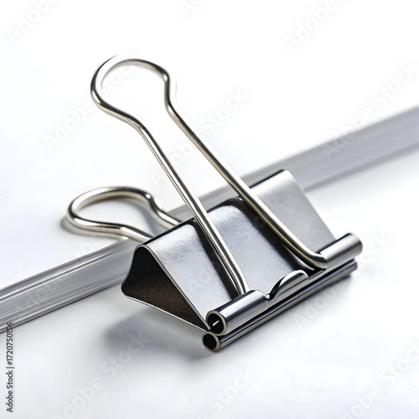 Fototapeta A metal paper fastener clip, designed to hold documents together, shown isolated on a clean white background