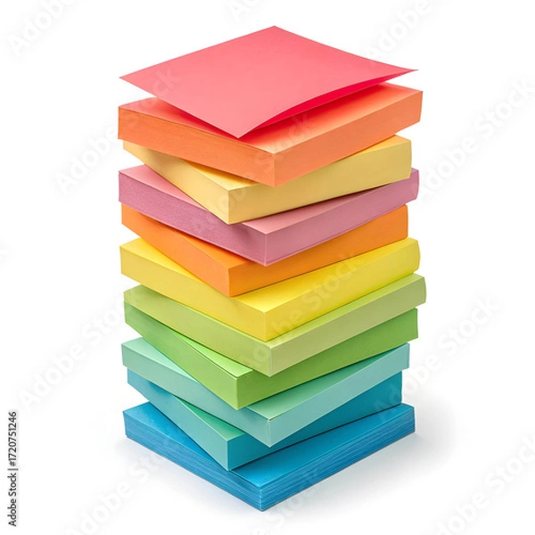 Fototapeta A colorful stack of sticky notes displayed on a clean white background, commonly used for reminders, messages