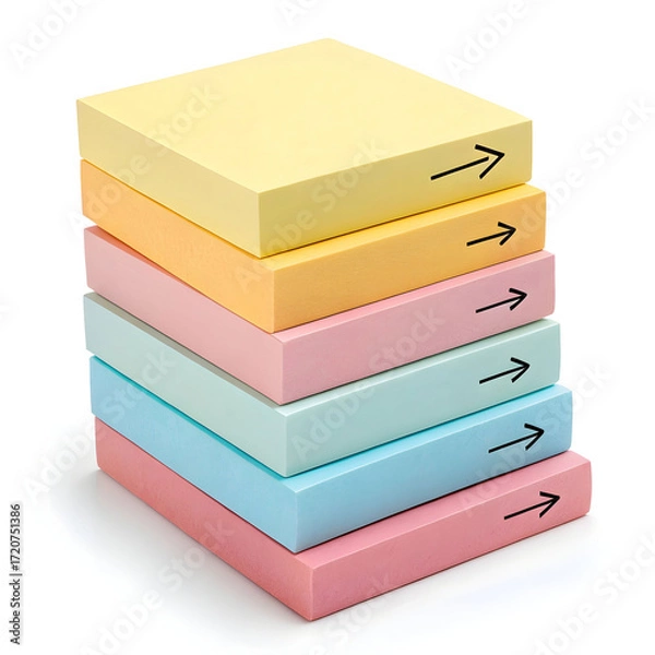 Fototapeta A colorful stack of sticky notes displayed on a clean white background, commonly used for reminders, messages