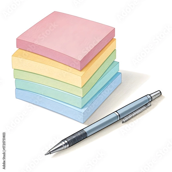 Fototapeta A colorful stack of sticky notes displayed on a clean white background, commonly used for reminders, messages