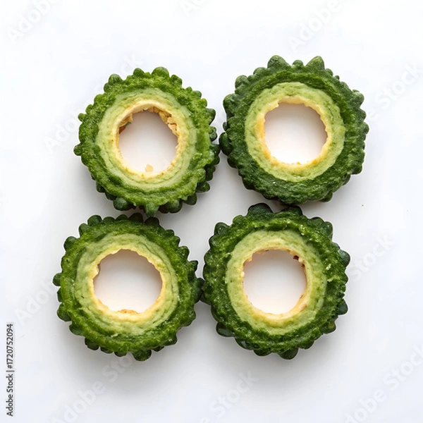 Fototapeta Dried bitter gourd rings, crisp and dehydrated, isolated on a white background, used in cooking, snacks,