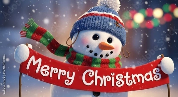 Obraz Festive snowman holds banner wishing merry christmas in falling snow