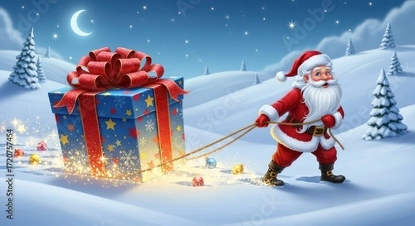 Obraz Santa pulling a big gift box through snowy winter landscape