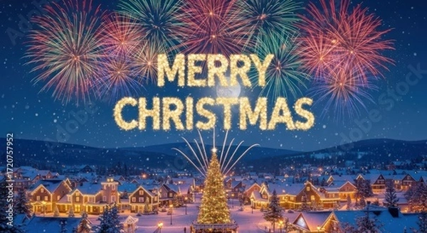 Obraz Festive winter holiday illustration with fireworks and holiday cheer