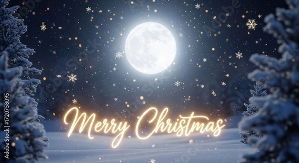 Obraz Winter Christmas scene with trees, snow, moon, and falling snowflakes