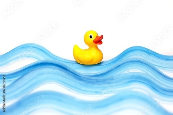 Fototapeta Yellow rubber duck toy floating on blue waves background bath toy adorable ducky on water surface