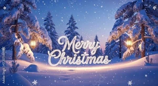 Obraz Winter scene with snow-covered trees and a Merry Christmas message