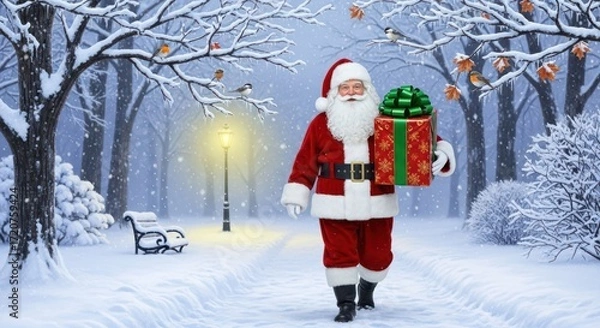 Obraz Figure with gift box in snowy park scene during the winter holiday