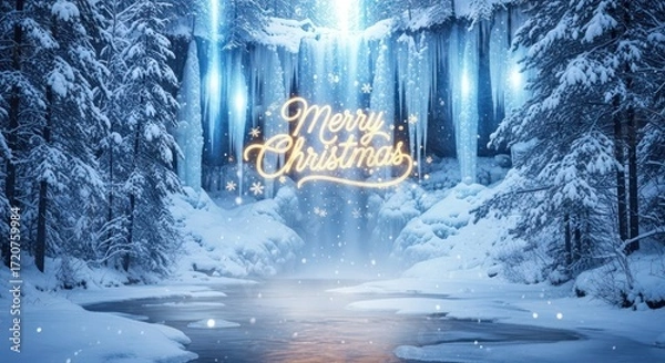 Obraz Winter wonderland scene with frozen waterfall and snow-covered trees