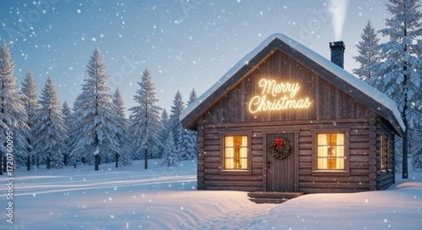 Obraz Winter cabin in snow with Christmas lights and wreath decoration