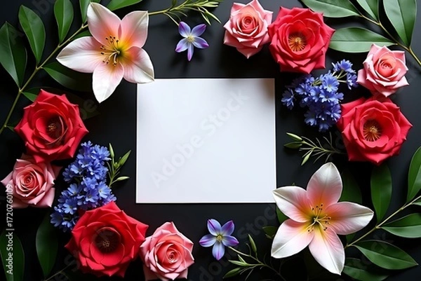 Fototapeta Floral frame with roses lilies and leaves on dark background for wedding invitation card design 100