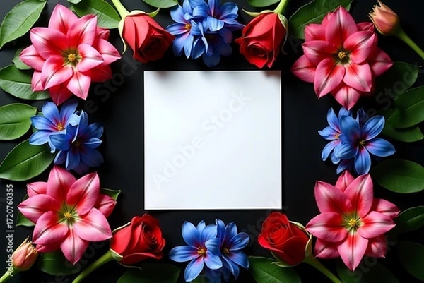 Fototapeta Floral frame with roses and lilies on black background for invitation or greeting card design layout