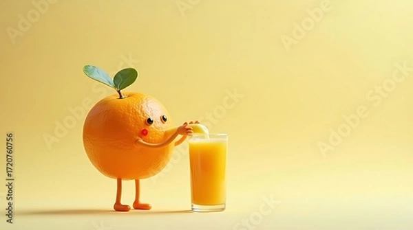 Fototapeta Orange juice cartoon character squeezing fresh juice healthy vitamin c beverage on yellow background concept art
