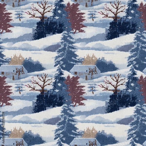 Fototapeta Gobelin tapestry fragment close-up with winter theme background, seamless pattern