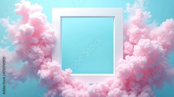 Fototapeta Pink cloud frame background design template pastel color square border abstract smoke mockup presentation 3d