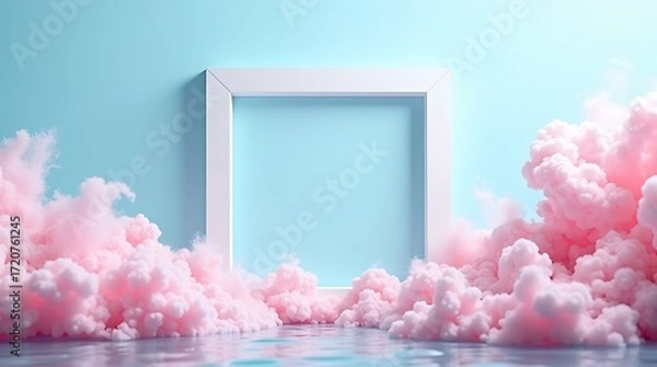 Fototapeta Pink clouds frame background for product showcase and presentation with blue pastel color wall design