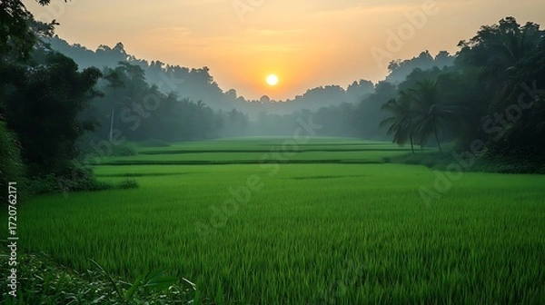 Obraz Serene Sunrise Over Vast, Lush Green Rice Fields: Flanked by Misty Dark Green Forested Hills, Central Orange Sun & Palm Trees