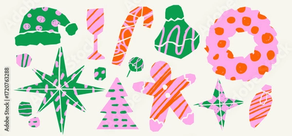 Fototapeta Holiday paper cutout set. Colorful naive doodles and crayon scribbles texture. Playful irregular asymmetry icons. Gingerbread, tree, wreath, candy cane, stars for collage or scrapbook.