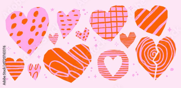 Fototapeta Cut out heart with crayon scribbles and patterns. Girly irregular paper stickers with sketchy lipstick texture. Pink and red collage figures for zine art. Vector Valentine’s scrapbook.