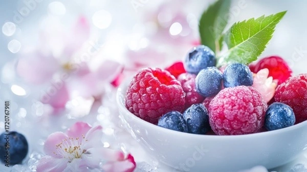 Fototapeta Fresh and Colorful Berries in a Bowl with Blossoms and Dew Drops