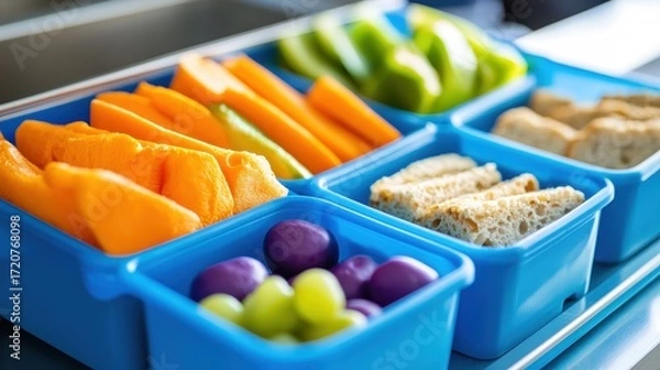Fototapeta Fresh and Colorful Fruit and Snack Platter in Blue Containers
