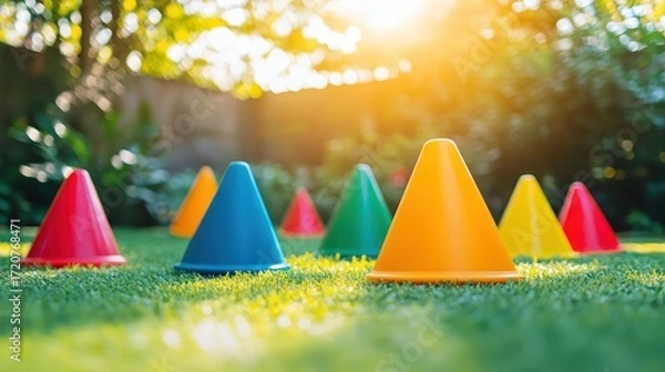Fototapeta Brightly Colored Cones on Green Grass in Sunny Outdoor Setting