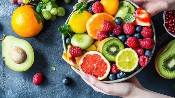 Fototapeta Fresh and Colorful Fruit Bowl with Citrus and Berries on Table