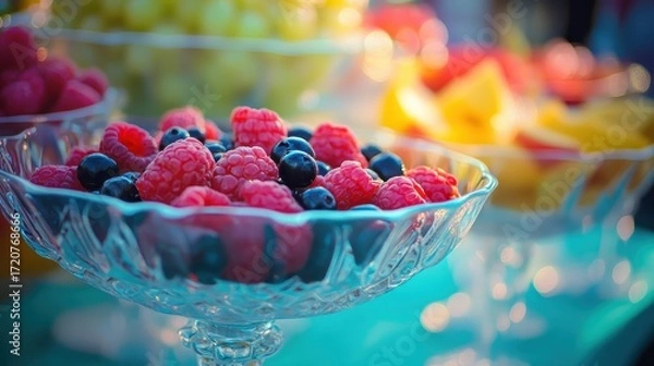 Fototapeta Fresh and Colorful Fruit Display in Elegant Glass Bowls