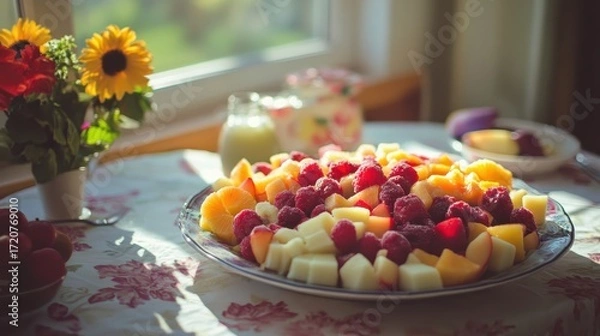 Fototapeta Fresh and Colorful Fruit Salad on a Table by Sunlit Window
