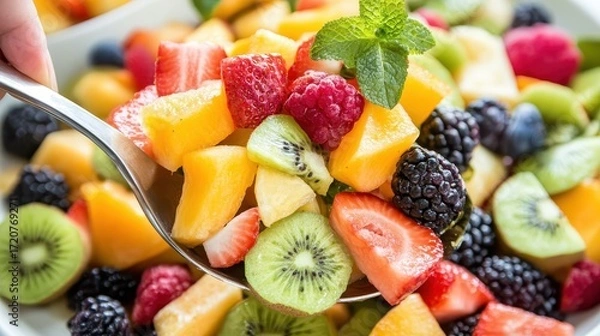 Fototapeta Fresh and Colorful Fruit Salad with Mint Garnish in Bowl