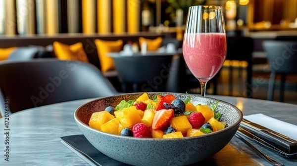 Fototapeta Fresh and Colorful Fruit Salad with Smoothie in Modern Restaurant Setting