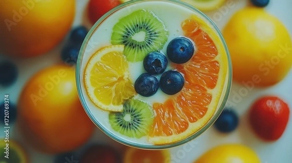 Fototapeta Fresh and Colorful Fruit Smoothie with Assorted Fruits on Table