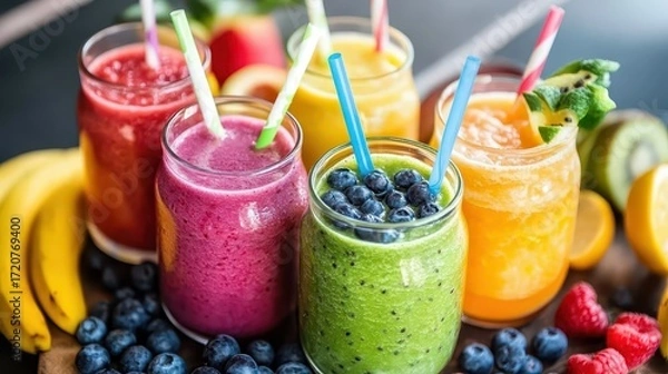 Fototapeta Fresh and Colorful Fruit Smoothies in Jars with Straw Details