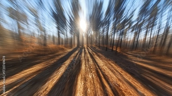 Fototapeta Sunlight Streaming Through a Blurred Forest Path at Sunrise
