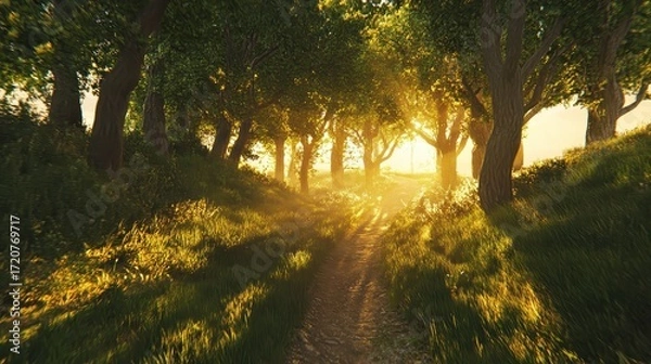 Fototapeta Sunlit Path Through Lush Forest with Gentle Morning Glow