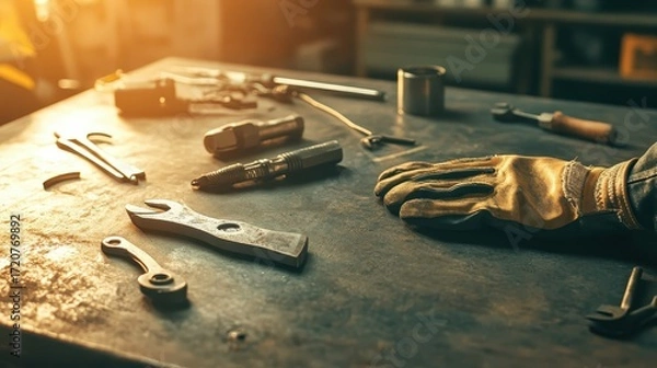 Fototapeta Tools and Workspace in Workshop with Warm Light and Focused Hands