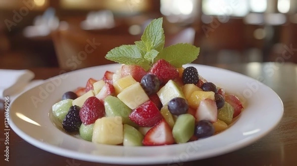 Fototapeta Fresh and Colorful Mixed Fruit Salad with Mint Garnish in Cafe