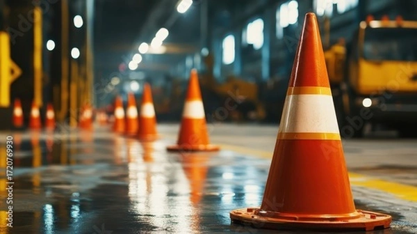 Fototapeta Traffic Cones in Industrial Warehouse Setting with Blurred Background