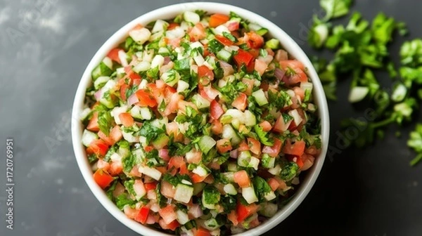 Fototapeta Fresh and Colorful Pico de Gallo Salsa in a White Bowl on Dark Surface